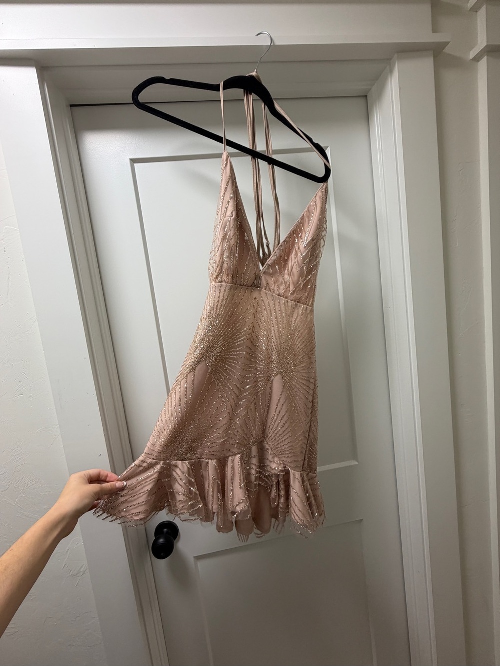 Pink Low Back Beaded V-Neck Dress